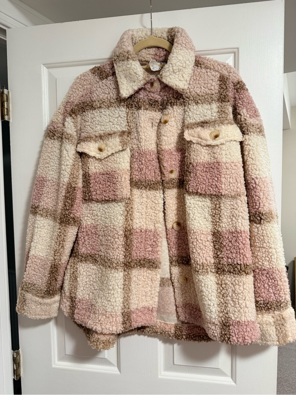 Teddy Plaid Shacket Jacket - Pink & Cream